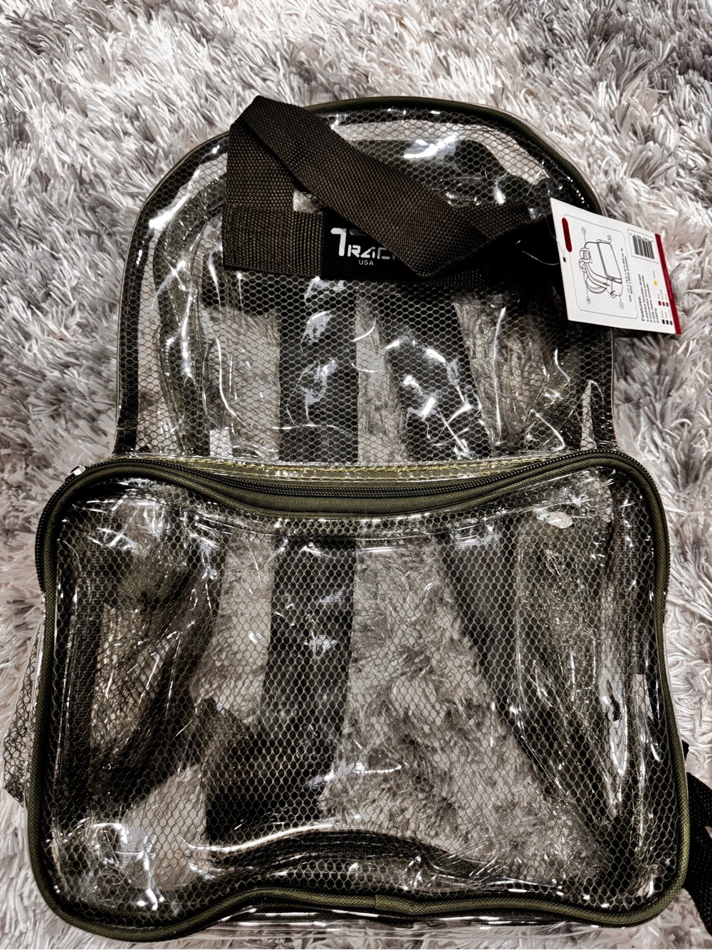 Transparent Olive Green Clear PVC Backpack with Olive Trim